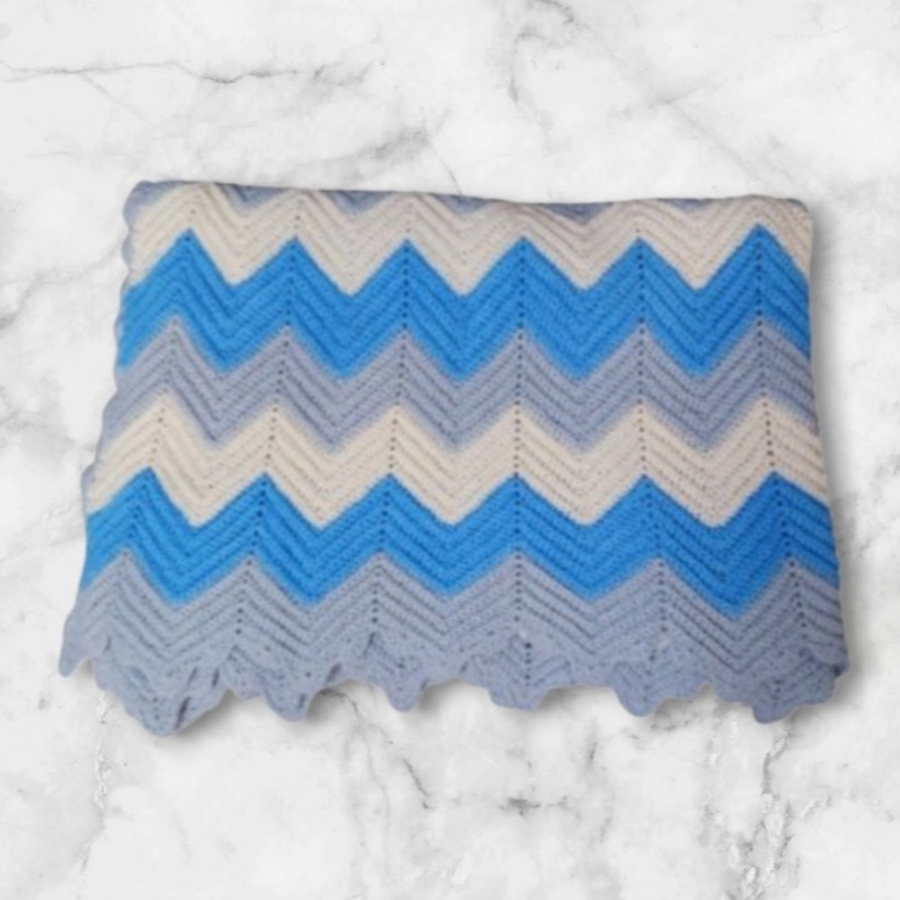 Handmade Blue, White & Grey Crochet Chevron Baby Blanket Crib Size 38w x 58l